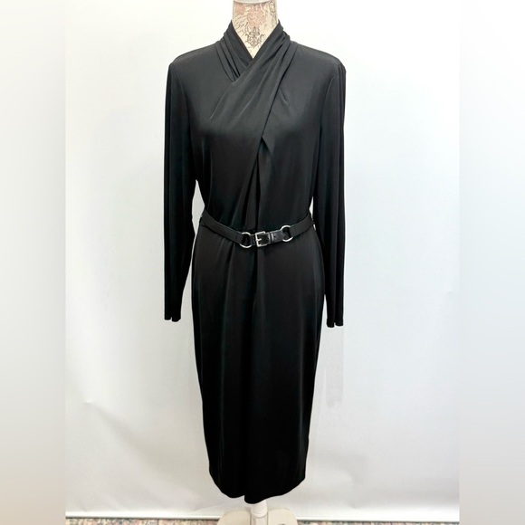 LAUREN RL Black Label Black long sleeve twist neck belted sheath dress size 16 - Picture 4 of 16